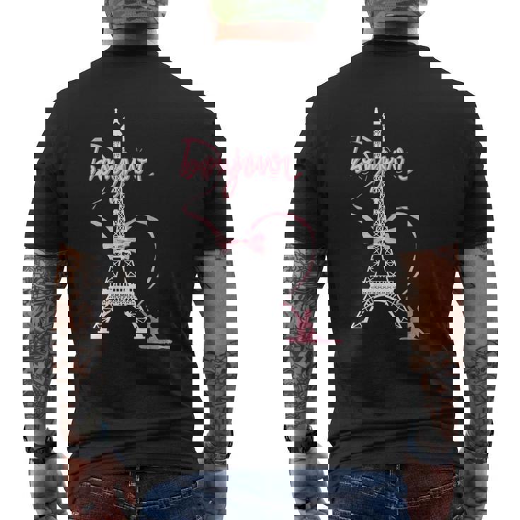 パリフランス エッフェル塔 ボンジュール 体操リボンとリボン メンズTシャツ バックプリント