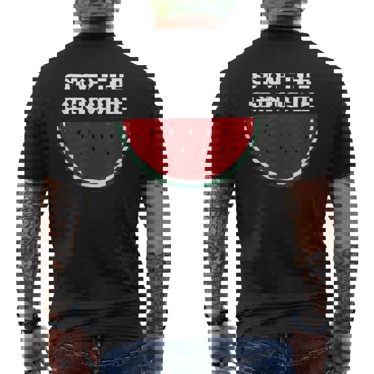 パレスチナスイカ ジェノサイドを止める メンズTシャツ バックプリント