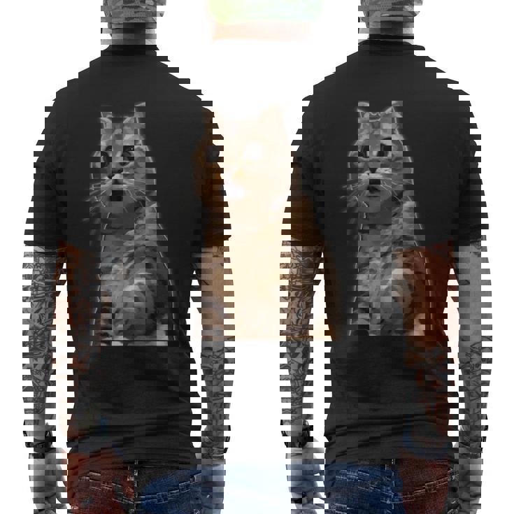 ビックリ猫 驚く猫 猫ミーム びっくり おどろく かわいい 面白い 人気 猫 イラスト メンズTシャツ バックプリント