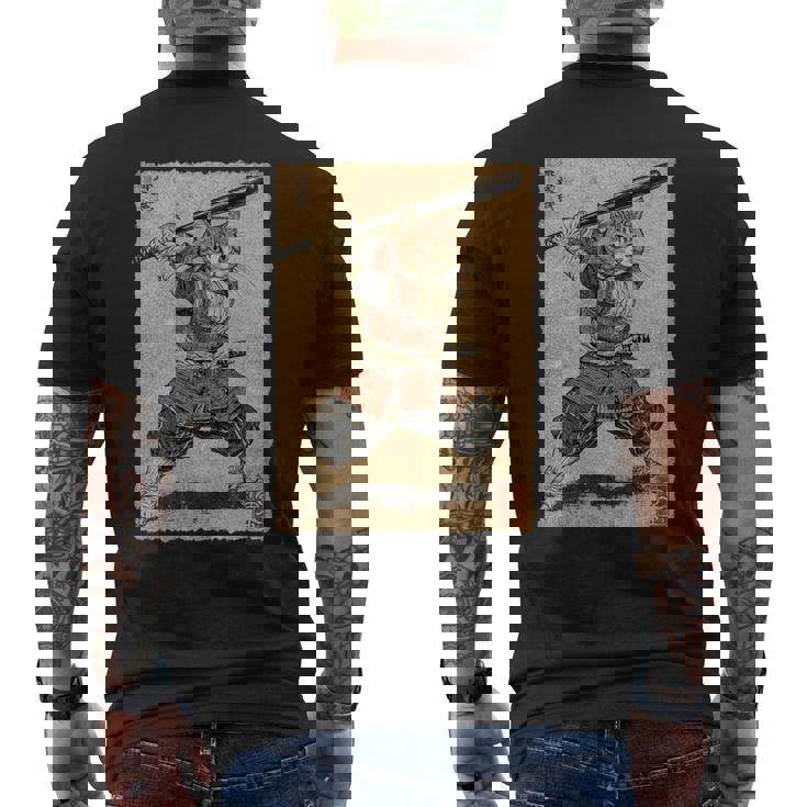 ビンテージアニメ 日本美術 野球選手の侍猫 長袖tシャツ メンズTシャツ バックプリント