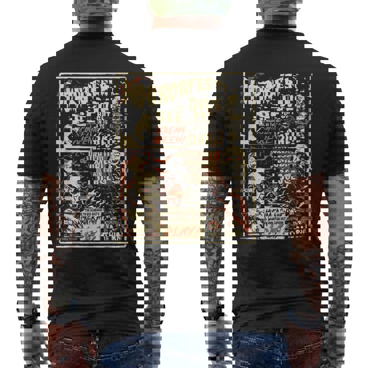 ビンテージホラーフェストポスターハロウィン映画オールドタイムホラー メンズTシャツ バックプリント