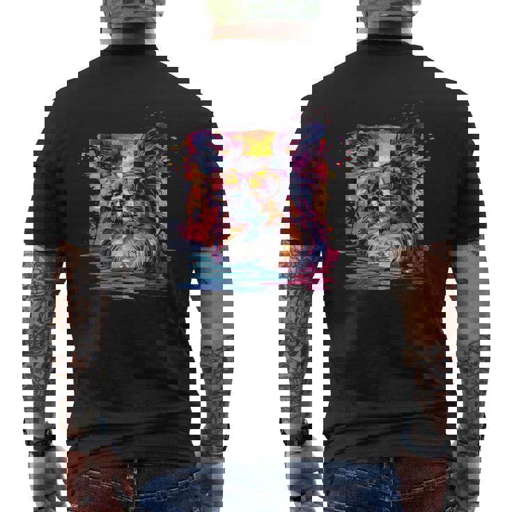 ビーチ・ポップアート クールなパピヨン メンズTシャツ バックプリント