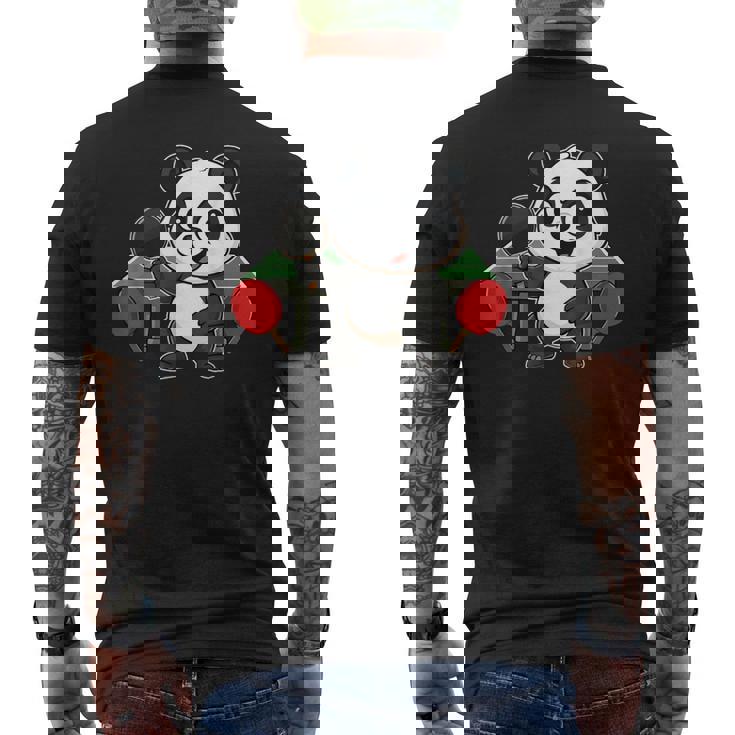 ピンポン卓球をするかわいいパンダ メンズTシャツ バックプリント