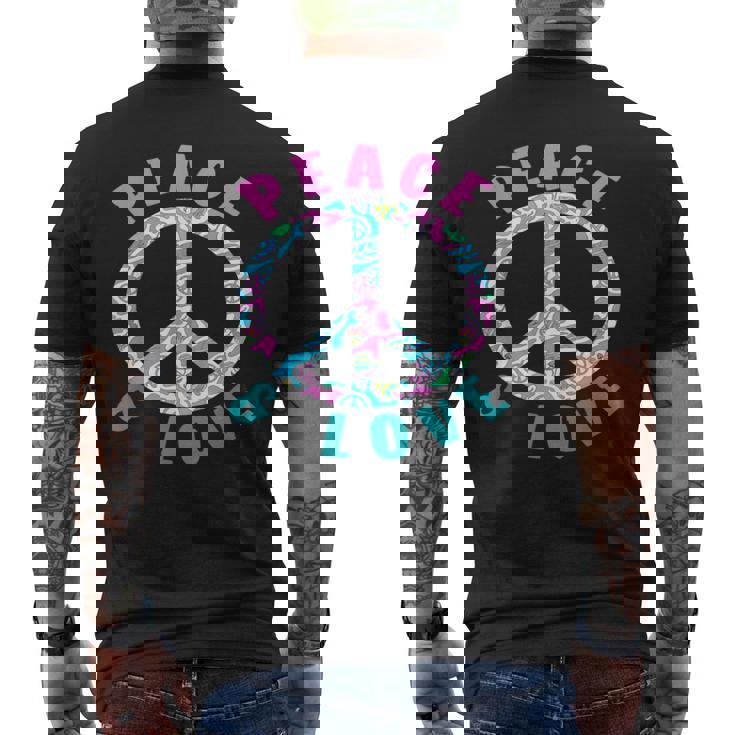ピースアンドラブカラフルヒッピーシンボル メンズTシャツ バックプリント