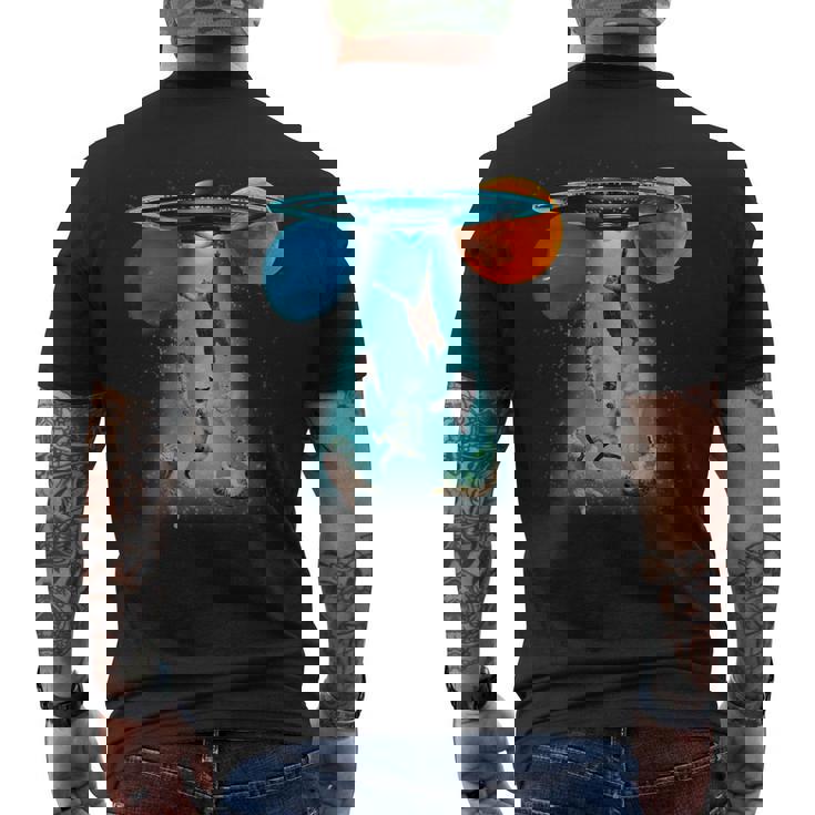 ファニースペースキャット Ufo 宇宙人 空飛ぶ猫 ギャラクシープラネット グラフィック メンズTシャツ バックプリント