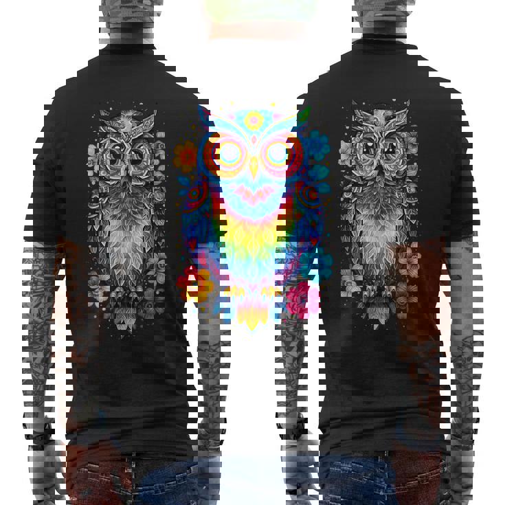 フクロウと花 カラフルなアートワーク フクロウの恋人 メンズTシャツ バックプリント