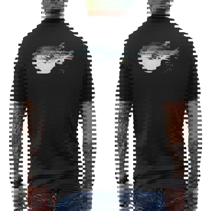 フグ 漁師デザイン 海洋愛好家向け メンズTシャツ バックプリント