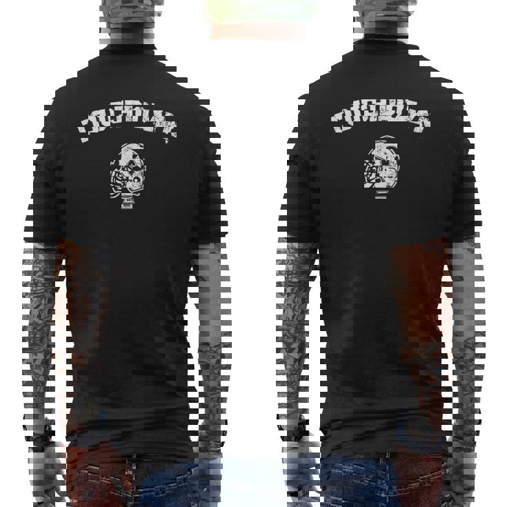 フットボールファンのためのアメリカンフットボールタッチダウン メンズTシャツ バックプリント