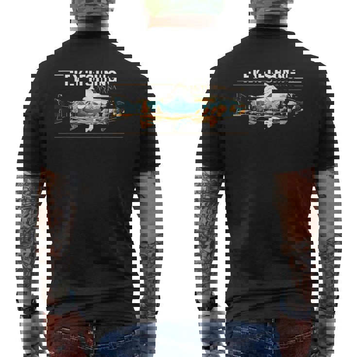 フライフィッシング モンタナ レトロ 風景 トラウト シルエット メンズTシャツ バックプリント