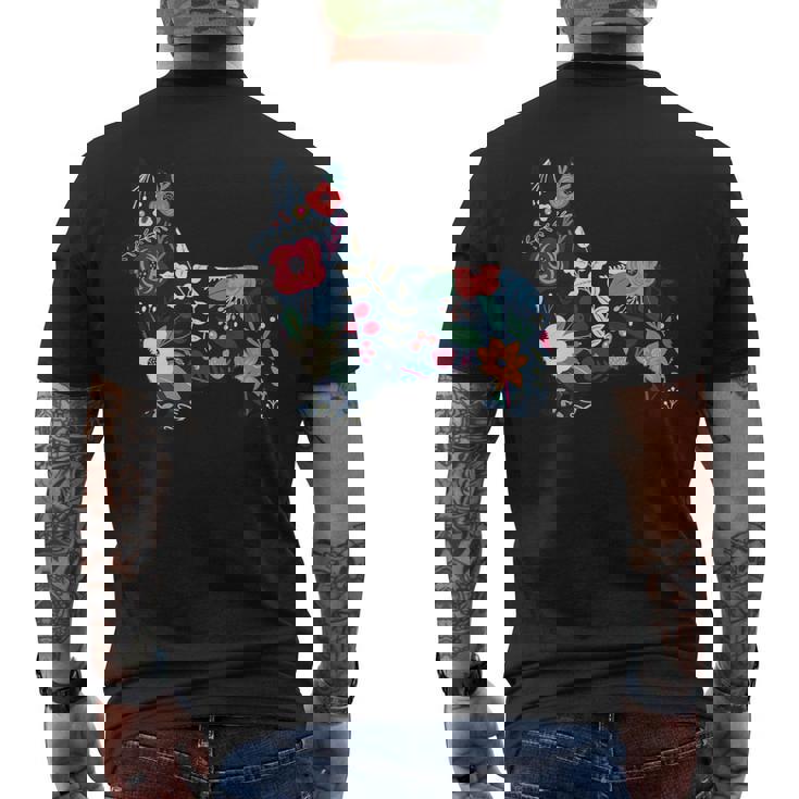 フローラルコーギーシルエット コーギー犬愛好家 メンズTシャツ バックプリント