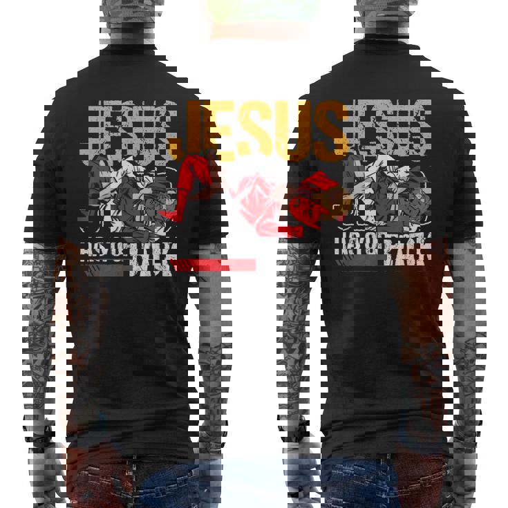 ブラジリアン柔術 ジーザス・ハズ・ユア・バック 面白いクリスチャンbjj メンズTシャツ バックプリント