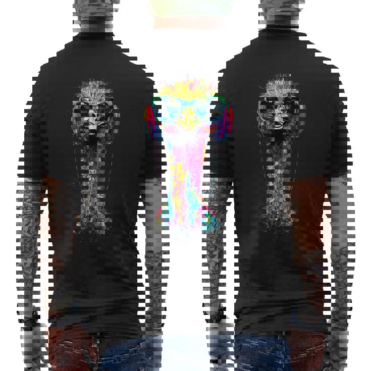 ヘッドフォン付きダチョウの鳥 カラフルなエミュー音楽djブーケ メンズTシャツ バックプリント