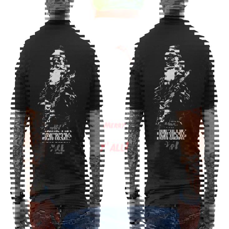 ヘヴィメタルのクリスマス、ギターを弾くサンタ メンズTシャツ バックプリント
