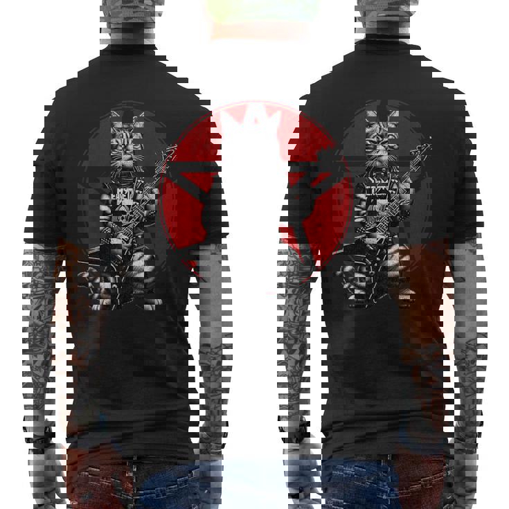 ヘヴィメタル猫とデスメタルミュージック メタルヘッド ロックギター メンズTシャツ バックプリント