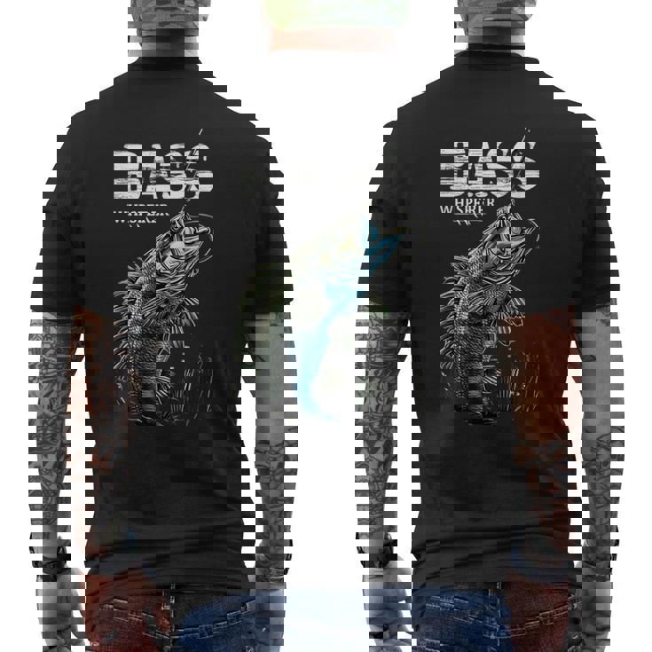 ベイトキャスター フィッシャーマン バスのささやき ブラックバス釣り メンズTシャツ バックプリント
