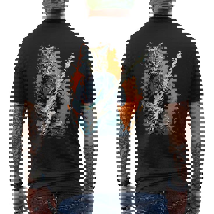 ベースギター 音楽 猫 ギターを弾く メンズTシャツ バックプリント