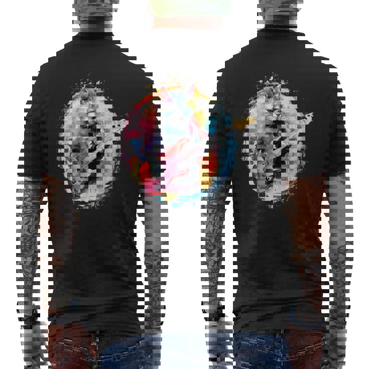 ベースギターを弾く猫水彩グラフィックデザイン メンズTシャツ バックプリント