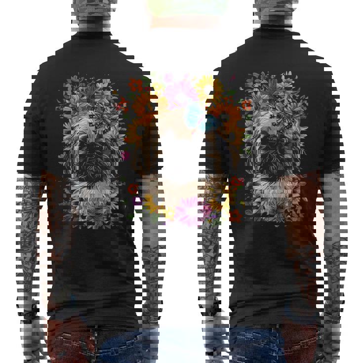 ペキニーズ犬 キュート 花柄 ひまわり コテージコア ママ お父さん メンズTシャツ バックプリント