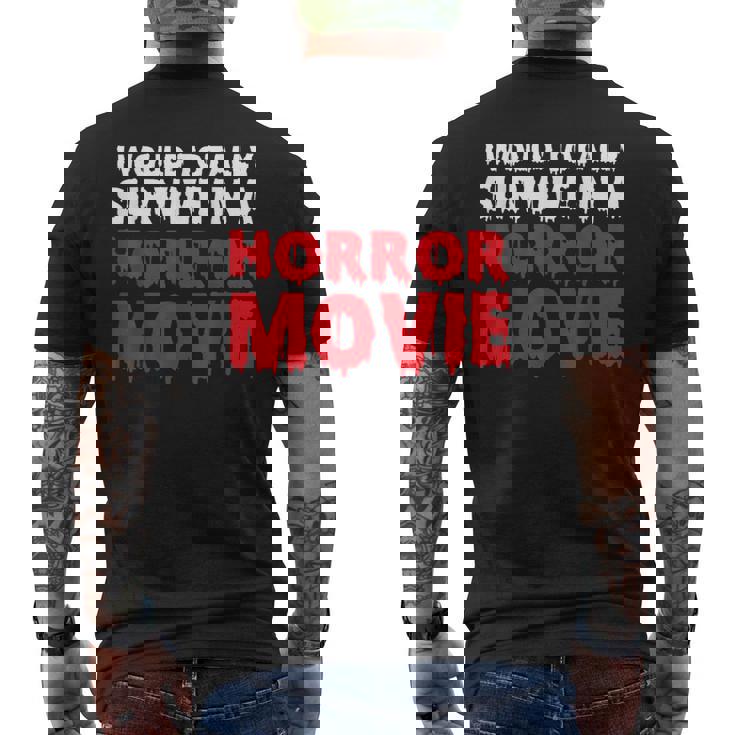 ホラー映画なら絶対生き残るよ メンズTシャツ バックプリント