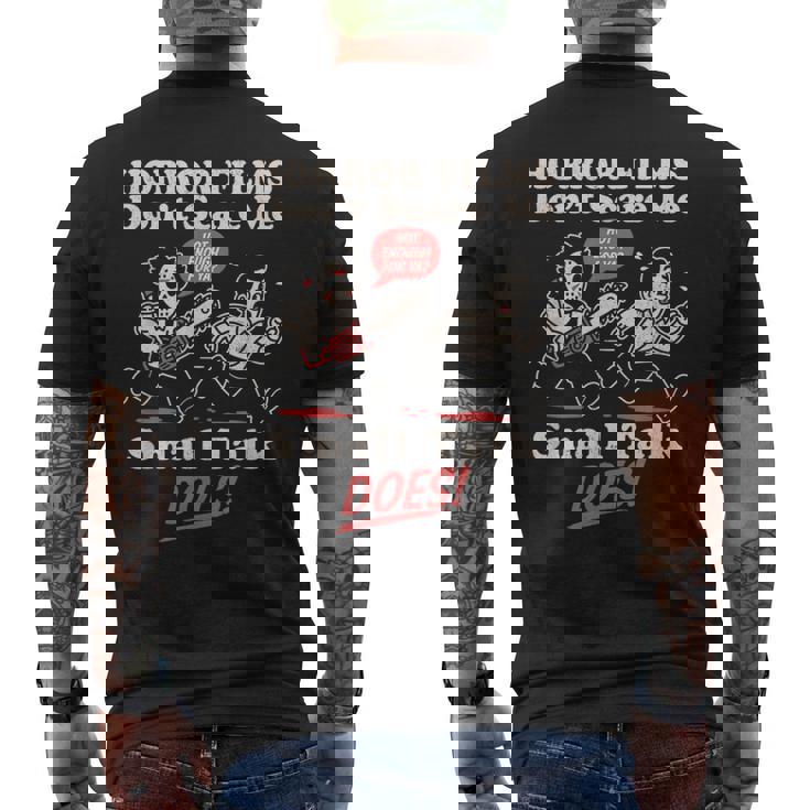 ホラー映画は怖がらない、小さな話をする、おもしろい不安 メンズTシャツ バックプリント