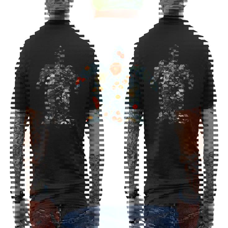 ボタニカルシルエットの花 海の花 ウミガメ メンズTシャツ バックプリント