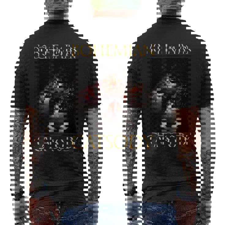 ボヘミアン キャットソディ 猫 子猫 ニャー パロディ 面白い 猫好き メンズTシャツ バックプリント