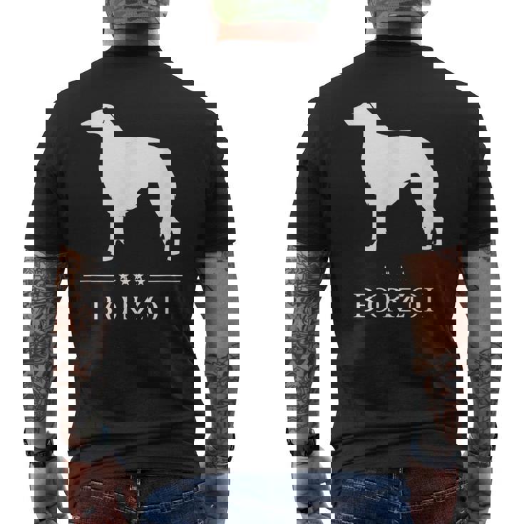 ボルゾイ犬の白いシルエット メンズTシャツ バックプリント