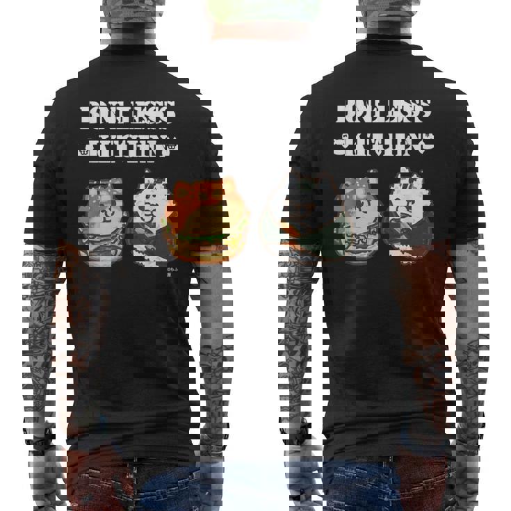 ボンレス犬とボンレス猫 ハンバーガーとおにぎり ダークカラー メンズTシャツ バックプリント