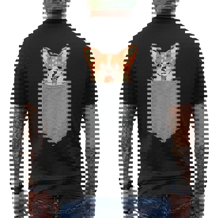 ポケットから覗く可愛いコーギーのデザイン メンズTシャツ バックプリント