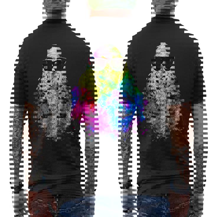 ポップアート アメリカンコッカー スパニエル 犬のポートレート ヘッドフォン付き メンズTシャツ バックプリント