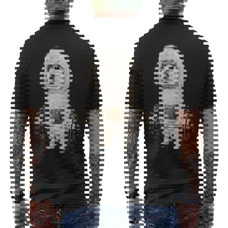 マルチーズドッグ筋トレ バーベルシュラッグバー フィットネス メンズTシャツ バックプリント