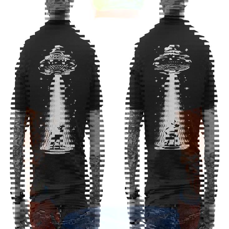 ミニチュアピンシャーママパパ犬-面白いエイリアンufo メンズTシャツ バックプリント