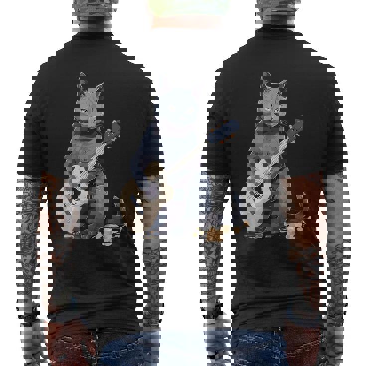 ミュージシャン ロシアンブルー猫 ギタリスト 猫とギター メンズTシャツ バックプリント