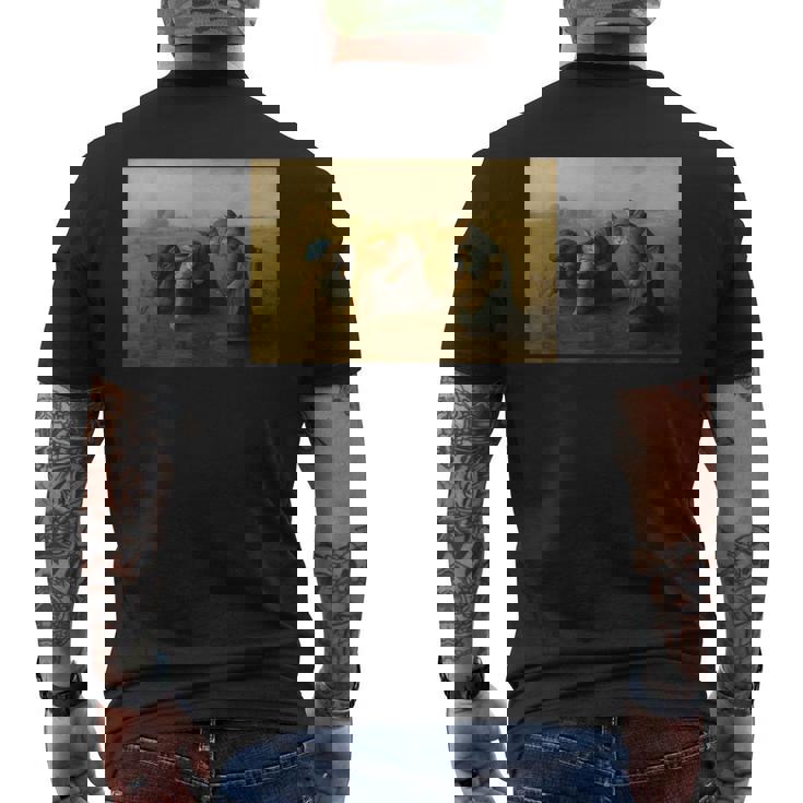 ミレー風アート猫の田植え 農作業をする三匹の猫たち メンズTシャツ バックプリント