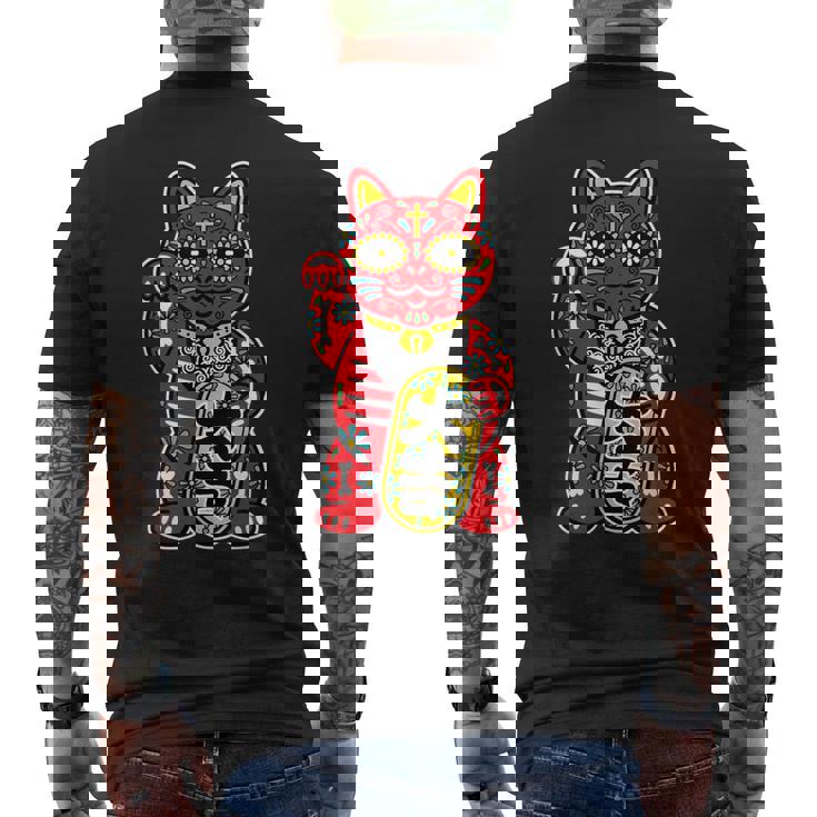 メキシコ 死者の日 と 招き猫 ネコ を組合わせた シュガー スカル キャット 赤 レッド 大吉 猫好き ねこマニア メンズTシャツ バックプリント