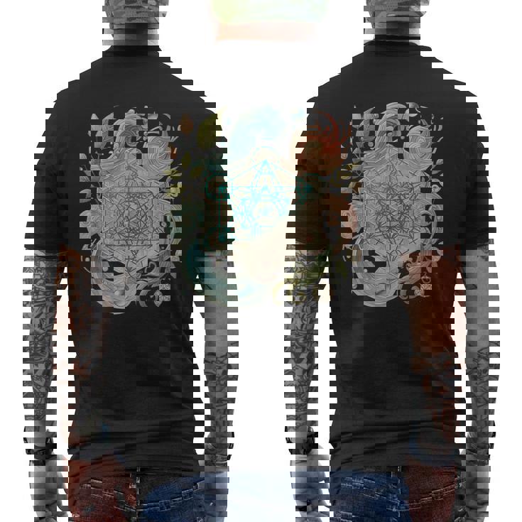 メタトロンキューブと自然の要素 火、土、水、風 メンズTシャツ バックプリント
