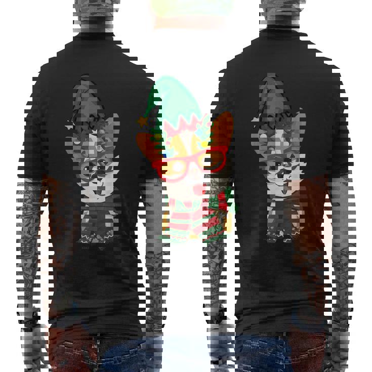 メリークリスマス かわいいオタクウェールズコーギー エルフの帽子とスカーフ付き メンズTシャツ バックプリント