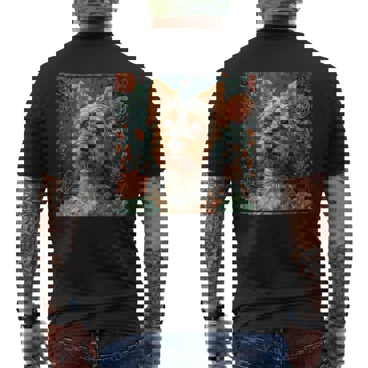 ヨークシャーテリア、ボーホースタイルのグラフィックの周りに多肉植物が描かれています。 メンズTシャツ バックプリント