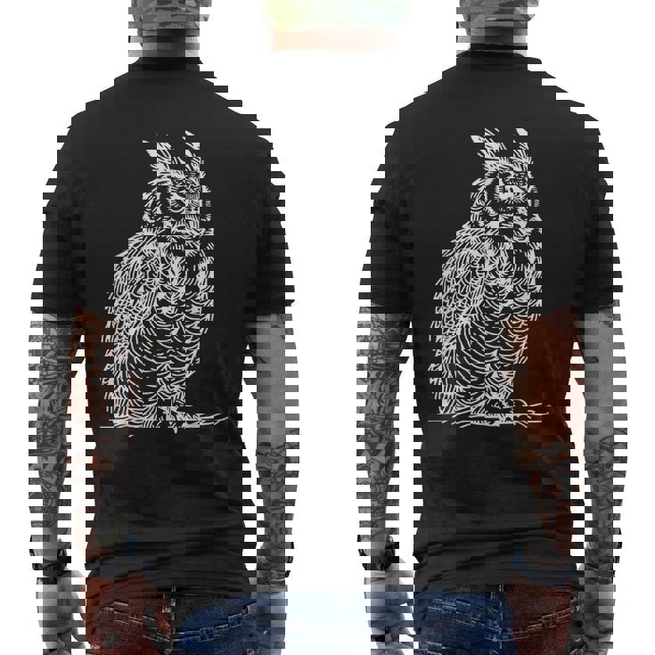 ラインアート 鳥・鳥類学者 オオツノフクロウ メンズTシャツ バックプリント