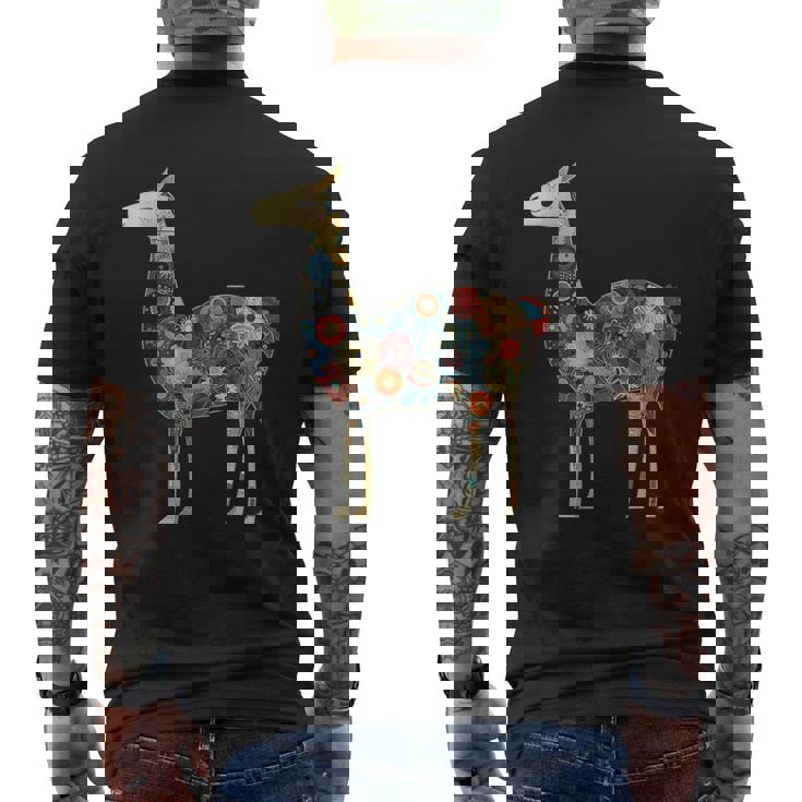 ラマ アルパカ フローラル カラフル 花 ペルーのお土産 メンズTシャツ バックプリント