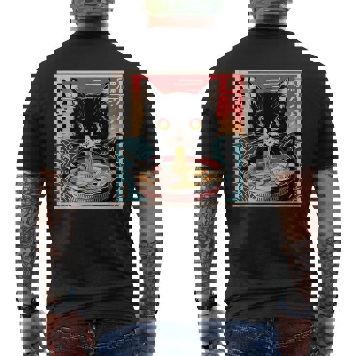 ラーメンと黒猫 和風ビンテージ メンズTシャツ バックプリント