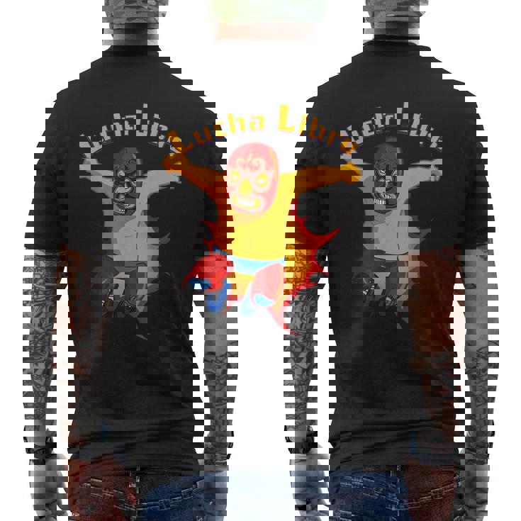 ルチャリブレメキシコ覆面レスラー漫画アクションポーズ メンズTシャツ バックプリント