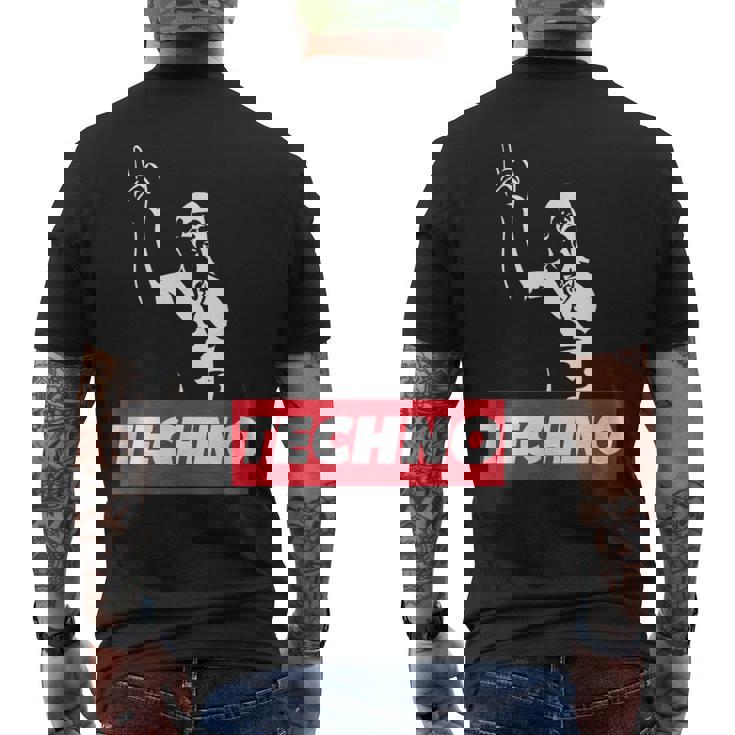 レイバー、Dj、ハードテクノパーティー、フェスティバルのためのテクノバイキング メンズTシャツ バックプリント