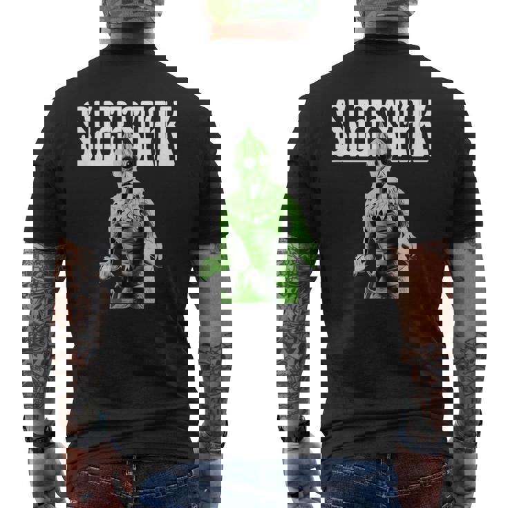 レトロなスリースタック爬虫類エイリアンのグラフィック。 メンズTシャツ バックプリント