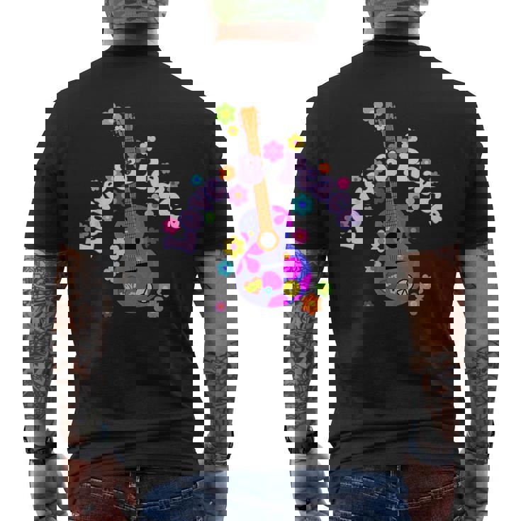 レトロフラワーパワーギター-ラブアンドピース2-ファンファン メンズTシャツ バックプリント