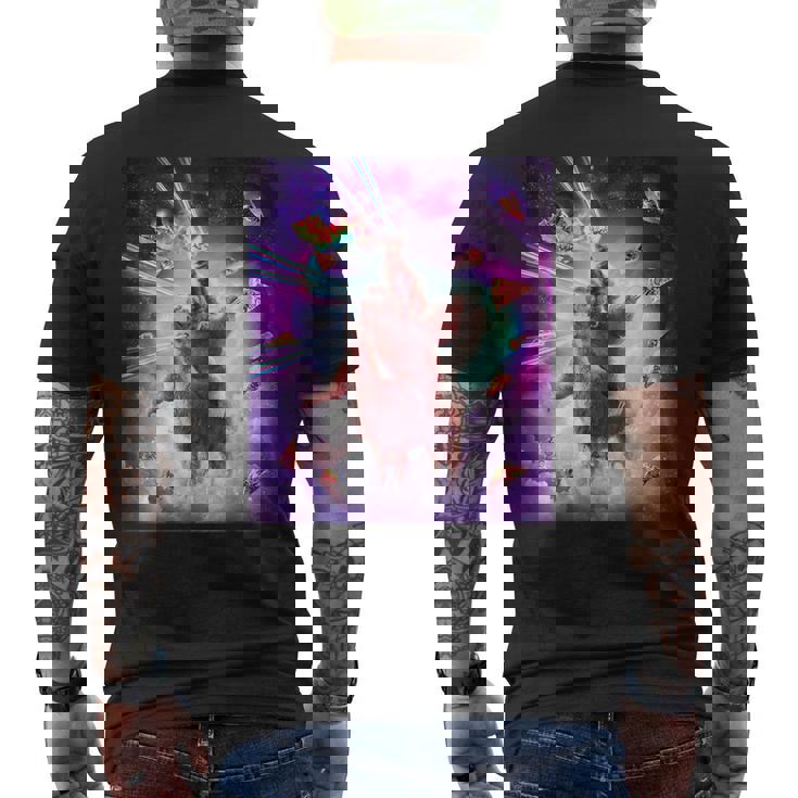 レーザーアイズスペースキャットライディングナマケモノ、ラマ-レインボー メンズTシャツ バックプリント