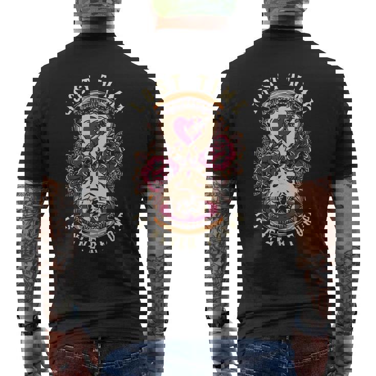 ロストタイム、トラディショナル、オールドスクール砂時計タトゥーデザイン メンズTシャツ バックプリント