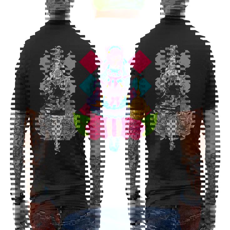 ロリータファッションをテーマにした鳥かごアニメデザイン メンズTシャツ バックプリント