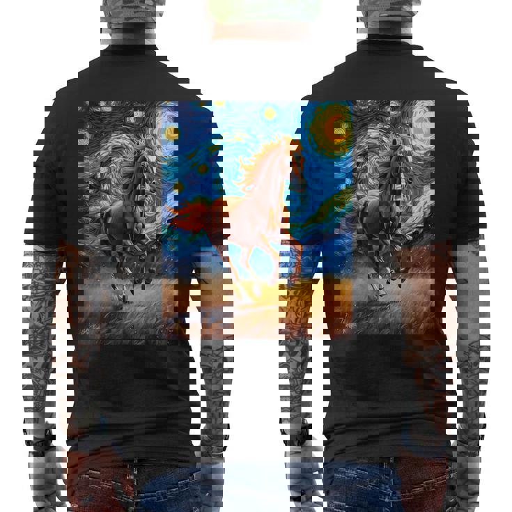 ヴァンゴッホの星空の夜ワイルドホースマスタングアニマル愛好家 メンズTシャツ バックプリント