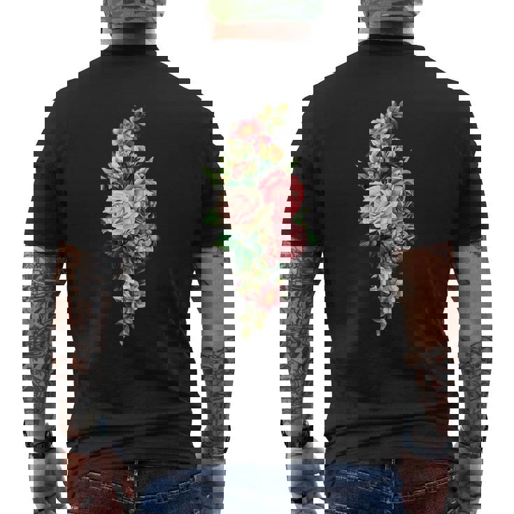 ヴィンテージ フローラル ボタニカル ピンク レッド ホワイト ローズ メンズTシャツ バックプリント